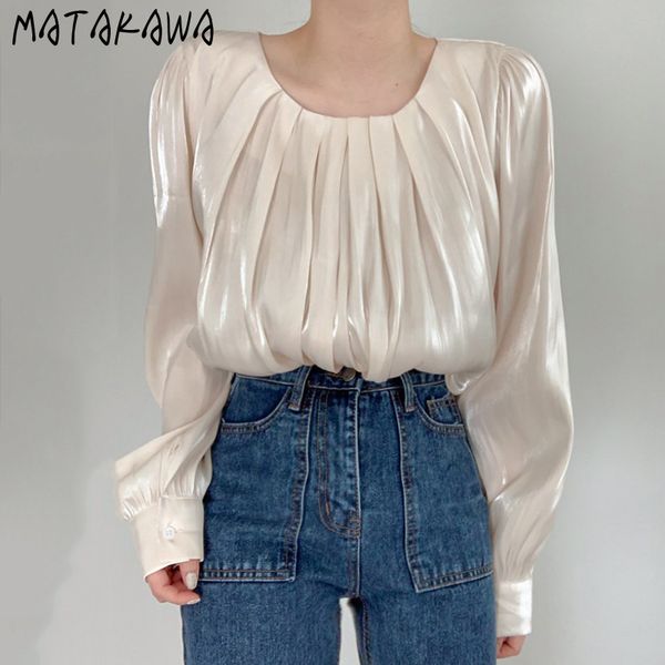 matakawa lazy round neck women blouses pleated design silk luster blusas korean chic pure color puff sleeve shirt women 210513, White
matakawa lazy round neck women blouses pleated design silk luster blusas korean chic pure color puff sleeve shirt women 210513, White