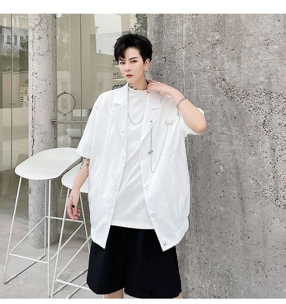 men's suits & blazers summer korean fashion chain design short sleeve blazer loose ruffian hairdresser half suit coat, White;black
men's suits & blazers summer korean fashion chain design short sleeve blazer loose ruffian hairdresser half suit coat, White;black