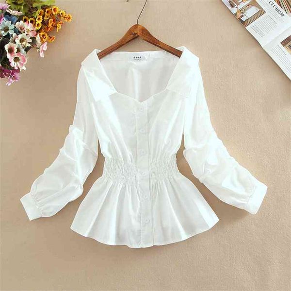 women white striped ruffles irregular blouse v neck lantern long sleeve ruched slim waist fit shirt fashion spring 210530
women white striped ruffles irregular blouse v neck lantern long sleeve ruched slim waist fit shirt fashion spring 210530