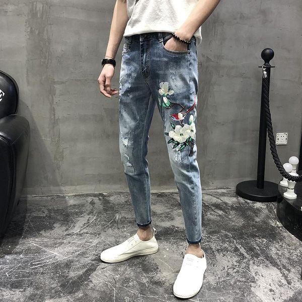 denim jeans men's self-cultivation small feet brand social spirit guy hole embroidery korean style trend ankle length pants, Blue
denim jeans men's self-cultivation small feet brand social spirit guy hole embroidery korean style trend ankle length pants, Blue