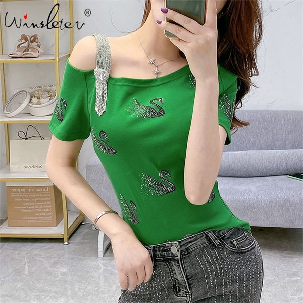 summer korean clothes t-shirt fashion off shoulder diamonds swan color cotton women ropa mujer tees new t06828 210320, White
summer korean clothes t-shirt fashion off shoulder diamonds swan color cotton women ropa mujer tees new t06828 210320, White