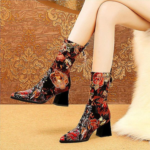 boots autumn/winter short women's thick heeled pointed elastic retro printed national wind high heels, Black
boots autumn/winter short women's thick heeled pointed elastic retro printed national wind high heels, Black