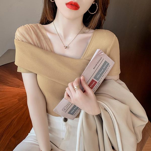 women's t-shirt short-sleeved self-cultivation oblique shoulder mesh slahsh neck women, White
women's t-shirt short-sleeved self-cultivation oblique shoulder mesh slahsh neck women, White
