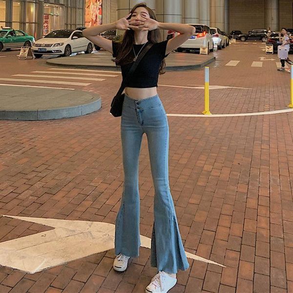 women's jeans chic slim high-waisted stretch design retro large bell-bottom slacks casual pants, Blue
women's jeans chic slim high-waisted stretch design retro large bell-bottom slacks casual pants, Blue