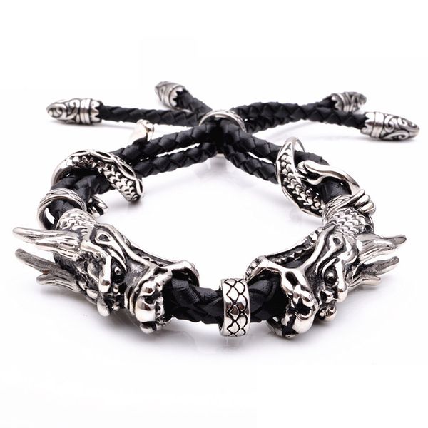 classic men leather stainless steel bracelet vintage cuff rope double dragon head adjustable fashion jewelry mens gift, White
classic men leather stainless steel bracelet vintage cuff rope double dragon head adjustable fashion jewelry mens gift, White