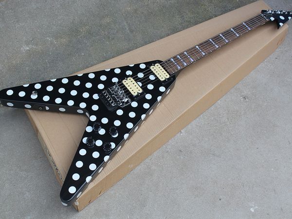 shaped v-shaped double rocker electric guitar with black white dots body double open pickups white fingerboard
shaped v-shaped double rocker electric guitar with black white dots body double open pickups white fingerboard