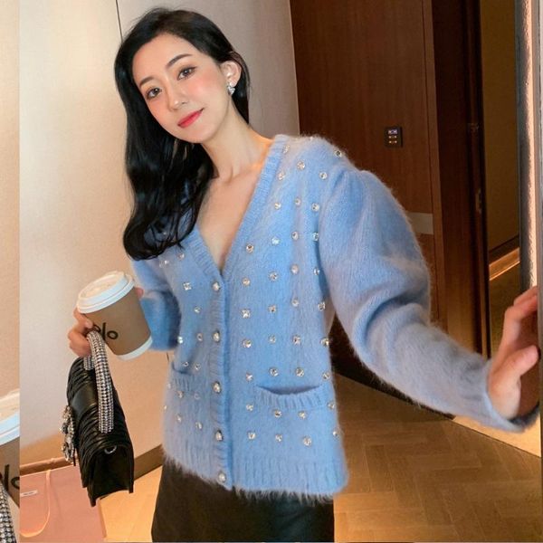 women's knits & tees runway sweater cardian 2021 vintage v neck puff sleeve women diamond beaded blue cardigan knitted jersey jacket, White
women's knits & tees runway sweater cardian 2021 vintage v neck puff sleeve women diamond beaded blue cardigan knitted jersey jacket, White