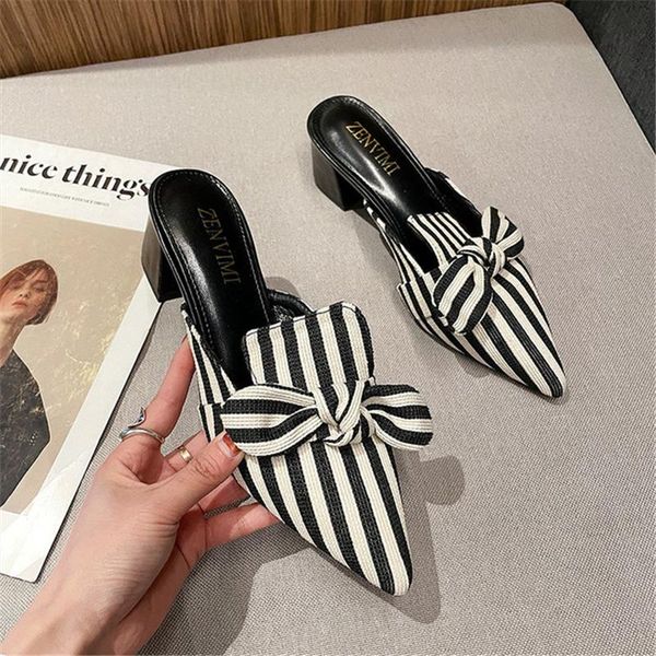women's shoes slippers 2021 spring and summer bow striped pointed thick heel high, Black
women's shoes slippers 2021 spring and summer bow striped pointed thick heel high, Black