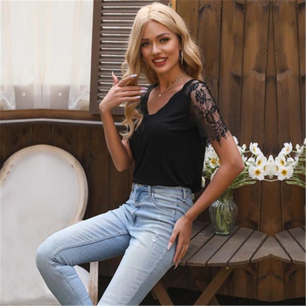 women's t-shirt slim lace women t-shirts black color hollow out female summer elegant v-neck pactwork lady shirt, White
women's t-shirt slim lace women t-shirts black color hollow out female summer elegant v-neck pactwork lady shirt, White