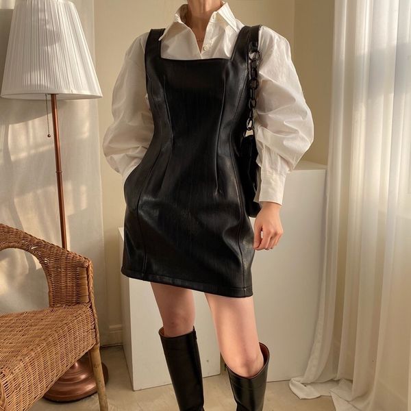 dress korean style vintage women two outfits long sleeve shirt and high waist spaghetti strap pu mini piece sets vbam cjnp, Black;gray
dress korean style vintage women two outfits long sleeve shirt and high waist spaghetti strap pu mini piece sets vbam cjnp, Black;gray