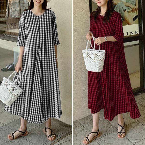 dresses plus size vintage pleated maxi dress women check sundress 2021 casual 3/4 sleeve spring vestidos female o neck robe femm, Black;gray 
dresses plus size vintage pleated maxi dress women check sundress 2021 casual 3/4 sleeve spring vestidos female o neck robe femm, Black;gray