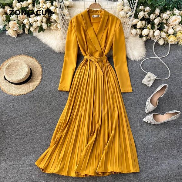 casual dresses spring autumn elegant solid color women's pleated dress with belt suit collar fashion office black maxi femme robe, Black;gray
casual dresses spring autumn elegant solid color women's pleated dress with belt suit collar fashion office black maxi femme robe, Black;gray