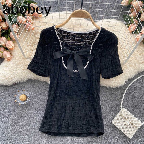 women design bow korean blouse sweet puff sleeve o neck solid casual summer fashion streetwear short blouses 210715, White
women design bow korean blouse sweet puff sleeve o neck solid casual summer fashion streetwear short blouses 210715, White