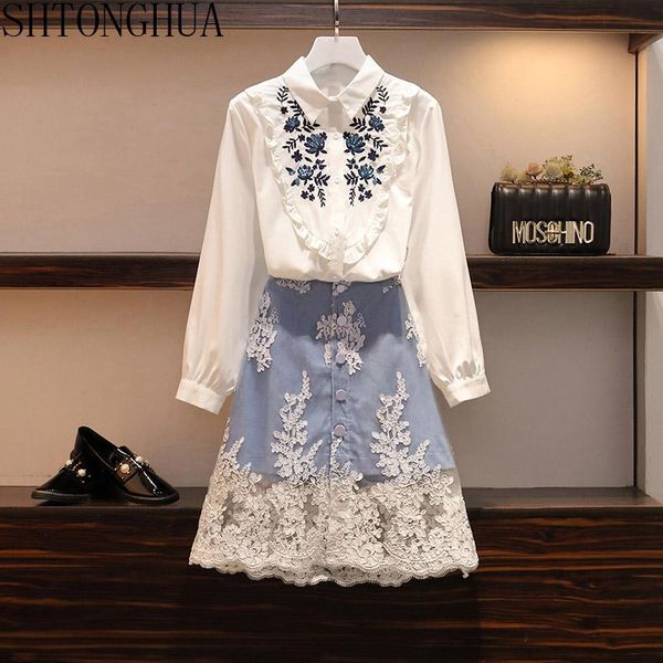 designer spring autumn 2021 women embroidery flowers 2 piece set ruffes sequined shirt blouse +lace patchwork denim skirt two dress, White
designer spring autumn 2021 women embroidery flowers 2 piece set ruffes sequined shirt blouse +lace patchwork denim skirt two dress, White
