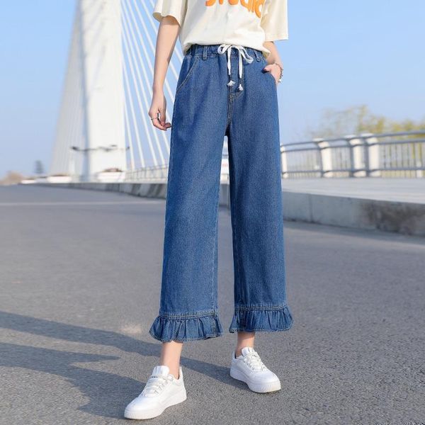 women's jeans s-5xl large size elastic waist high fall 2021 loose ruffled straight pants clothing, Blue
women's jeans s-5xl large size elastic waist high fall 2021 loose ruffled straight pants clothing, Blue