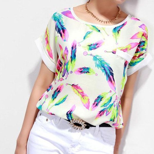 women feather print chiffon blouse short sleeve o-neck shirts leisure colorful shirt ladies summer camisas#lr1 women's blouses &, White
women feather print chiffon blouse short sleeve o-neck shirts leisure colorful shirt ladies summer camisas#lr1 women's blouses &, White