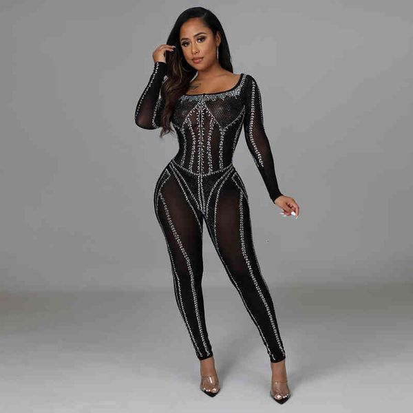 ladies fashion casual nightclub long sleeve straight neck drill perspective tight long jumpsuit, White
ladies fashion casual nightclub long sleeve straight neck drill perspective tight long jumpsuit, White
