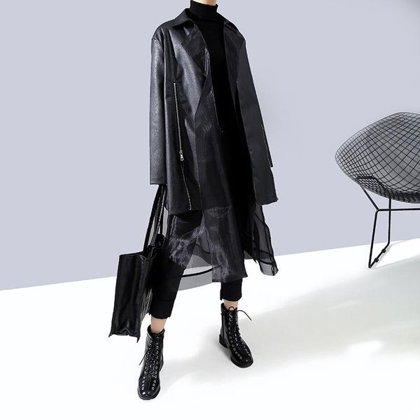 women's leather & faux 2021 autumn and winter jacket female fashion stitching gauze long section loose fake two pieces pu trench coat w, Black
women's leather & faux 2021 autumn and winter jacket female fashion stitching gauze long section loose fake two pieces pu trench coat w, Black