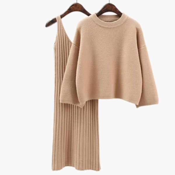 women's two piece pants women pullovers knitted sweater dress set casual female suit, White