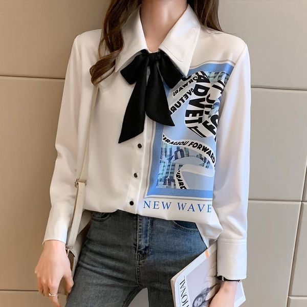 women's blouses & shirts 2021 spring preppy style women summer bow blouse long sleeve letter print vintage chiffon blusas roupa feminin, White
women's blouses & shirts 2021 spring preppy style women summer bow blouse long sleeve letter print vintage chiffon blusas roupa feminin, White