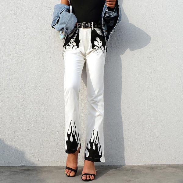 casual panelled wide leg womens capris streetwear high waist flared trousers fire print bell bottom, Black;white
casual panelled wide leg womens capris streetwear high waist flared trousers fire print bell bottom, Black;white