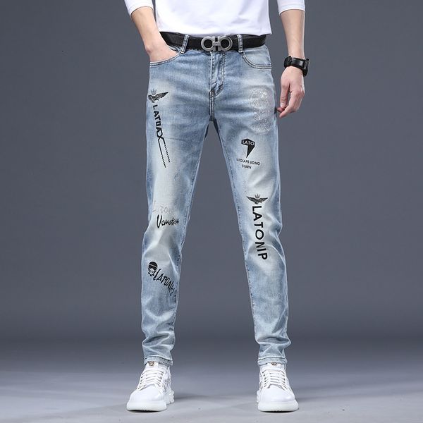 jeans mens korean pants slim fit small foot stretch light blue spring stamping printing casual jeans
jeans mens korean pants slim fit small foot stretch light blue spring stamping printing casual jeans