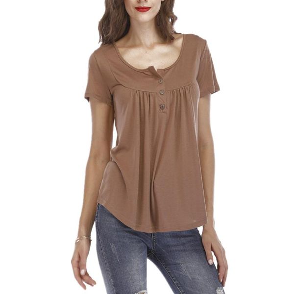 women summer round neck pleated button loose short-sleeved t-shirt solid color breathable women's, White
women summer round neck pleated button loose short-sleeved t-shirt solid color breathable women's, White
