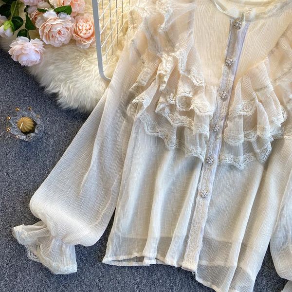 women's blouses & shirts 2021 spring temperament blouse female stand-up collar lace ruffled pearl single-breasted blusa puff sleeve shi, White
women's blouses & shirts 2021 spring temperament blouse female stand-up collar lace ruffled pearl single-breasted blusa puff sleeve shi, White