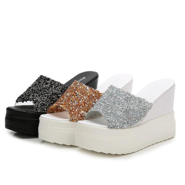 slippers 11cm heel slipper woman summer high platform sandals wedges shoes for women bling sandalen damen lady, Black
slippers 11cm heel slipper woman summer high platform sandals wedges shoes for women bling sandalen damen lady, Black