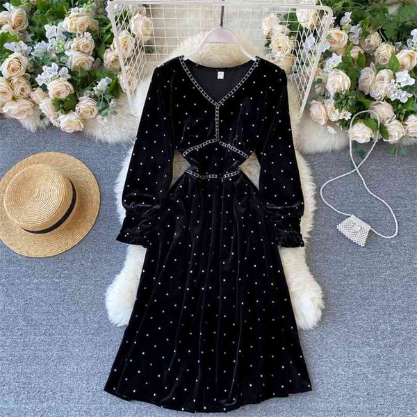 autumn winter vintage women dress polka dot stripe velvet midi es v neck long sleeve high waist party robe femme 210603, Black;gray
autumn winter vintage women dress polka dot stripe velvet midi es v neck long sleeve high waist party robe femme 210603, Black;gray