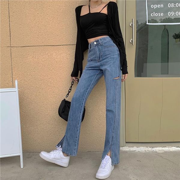 straight trousers high waist hole womens jeans y2k pants denim ripped chic split bottoms lady, Blue
straight trousers high waist hole womens jeans y2k pants denim ripped chic split bottoms lady, Blue