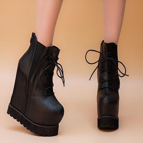 women's shoes autumn lace ups boots high heel 16cm wedges platform women ankle zapatos de mujer, Black
women's shoes autumn lace ups boots high heel 16cm wedges platform women ankle zapatos de mujer, Black