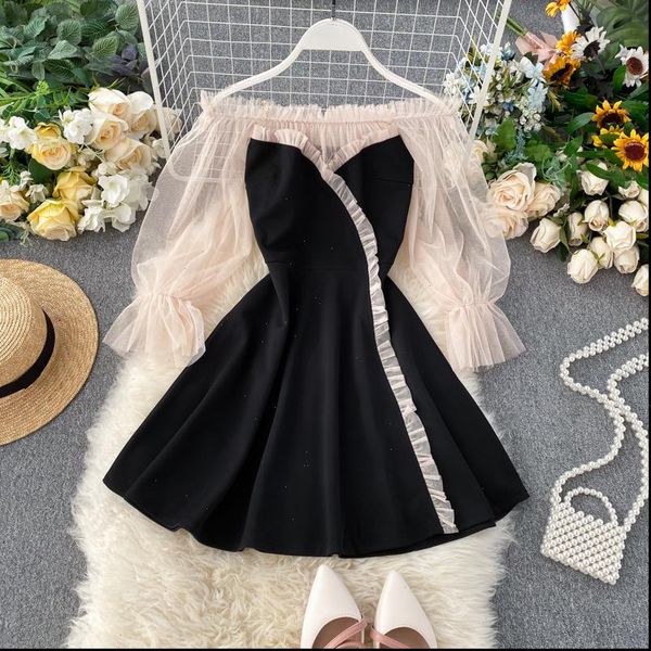 women dresses spring autumn popular dress temperament word shoulder mesh puff sleeve patchwork short a line ml728, Black;gray
women dresses spring autumn popular dress temperament word shoulder mesh puff sleeve patchwork short a line ml728, Black;gray