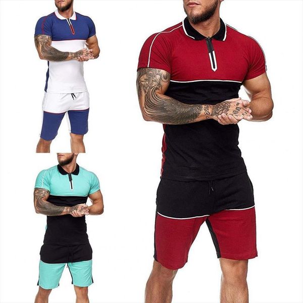 50% sales set color block men tracksuits lapel summer skinny short sleeve shirt for sports, Gray 
50% sales set color block men tracksuits lapel summer skinny short sleeve shirt for sports, Gray