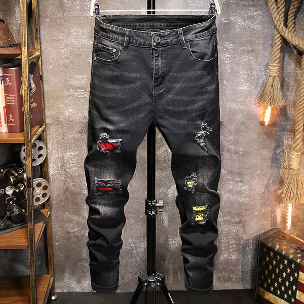 jeans black ripped slim fit locomotive stretch retro men's hip-hop trousers color patch streetwear, Blue
jeans black ripped slim fit locomotive stretch retro men's hip-hop trousers color patch streetwear, Blue