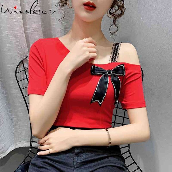 women's t-shirt summer european clothes cotton chic skew collar off shoulder diamonds bowknot women short sleeve tees t1, White
women's t-shirt summer european clothes cotton chic skew collar off shoulder diamonds bowknot women short sleeve tees t1, White