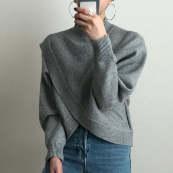 women's sweaters korean chic niche design half high collar cross irregular loose solid color pullover long sleeve knitted sweater women, White;black
women's sweaters korean chic niche design half high collar cross irregular loose solid color pullover long sleeve knitted sweater women, White;black