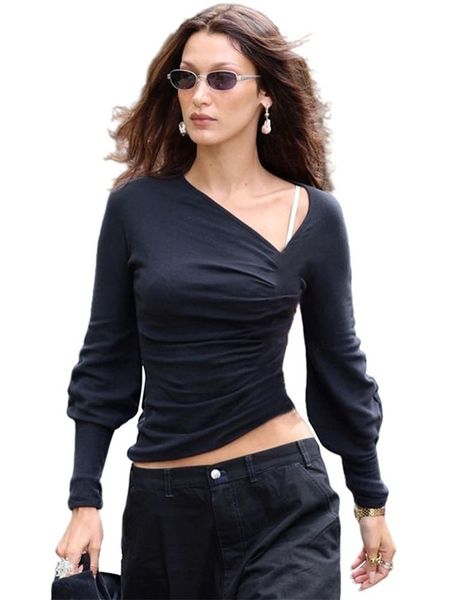 women's t-shirt fall 2021 fashion lantern sleeves irregular v-neck slim solid color women, White
women's t-shirt fall 2021 fashion lantern sleeves irregular v-neck slim solid color women, White