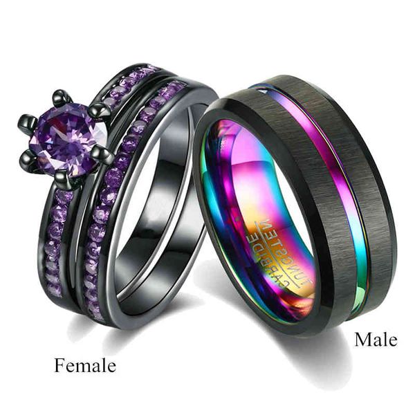 charm couple rings men rainbow tungsten steel ring purple zircon women wedding band set valentine's day jewelry, Silver
charm couple rings men rainbow tungsten steel ring purple zircon women wedding band set valentine's day jewelry, Silver