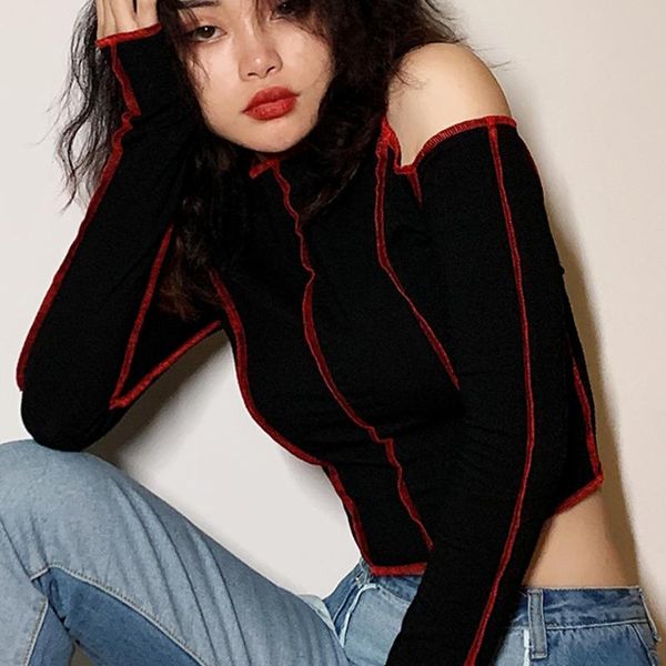 women's t-shirt women open line decoration color matching, shoulder-cutting and navel-cutting t shirt slim long-sleeved, White
women's t-shirt women open line decoration color matching, shoulder-cutting and navel-cutting t shirt slim long-sleeved, White