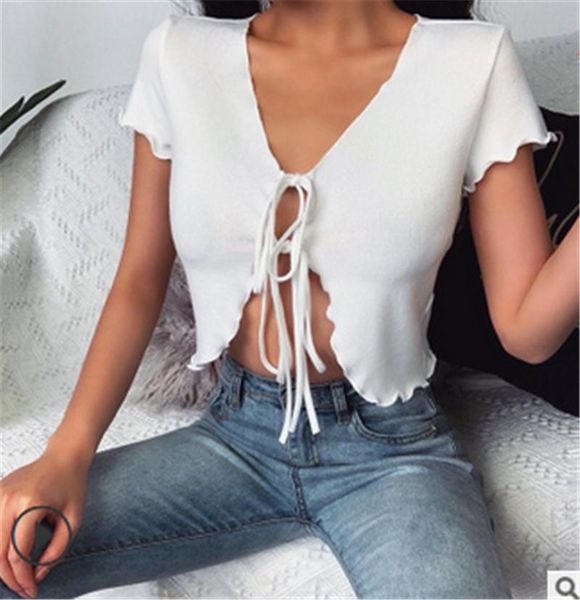 women's t-shirt summer women lace-up t shirts ribbed knitting split hollow bandage crop deep v plunge open front tie up, White
women's t-shirt summer women lace-up t shirts ribbed knitting split hollow bandage crop deep v plunge open front tie up, White