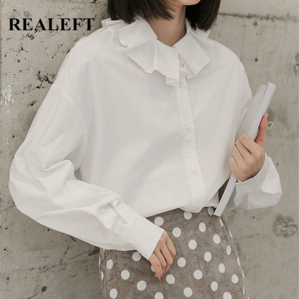 spring white ruffles women's shirt female blouse long lantern sleeve korean ol style casual loose blouses 210428
spring white ruffles women's shirt female blouse long lantern sleeve korean ol style casual loose blouses 210428
