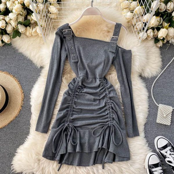 casual dresses design ruched dress autumn one shoulder strap drawstring bag hip cargos, Black;gray
casual dresses design ruched dress autumn one shoulder strap drawstring bag hip cargos, Black;gray