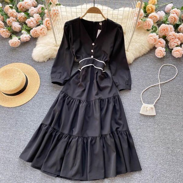 casual dresses french vestidos women's autumn clothing 2021 style v-neck puff sleeves contrast color edging waist and thin midi dress kk, Black;gray
casual dresses french vestidos women's autumn clothing 2021 style v-neck puff sleeves contrast color edging waist and thin midi dress kk, Black;gray
