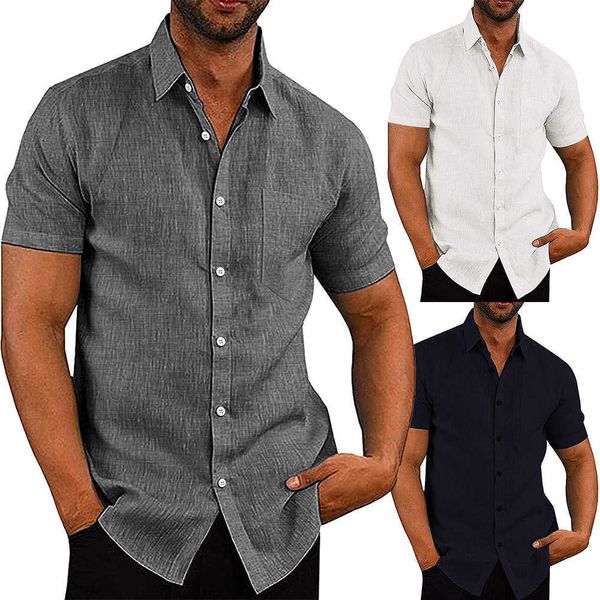 men's casual linen button down shirt business chambray solid summer loose cotton breathable classic 210721, White;black
men's casual linen button down shirt business chambray solid summer loose cotton breathable classic 210721, White;black