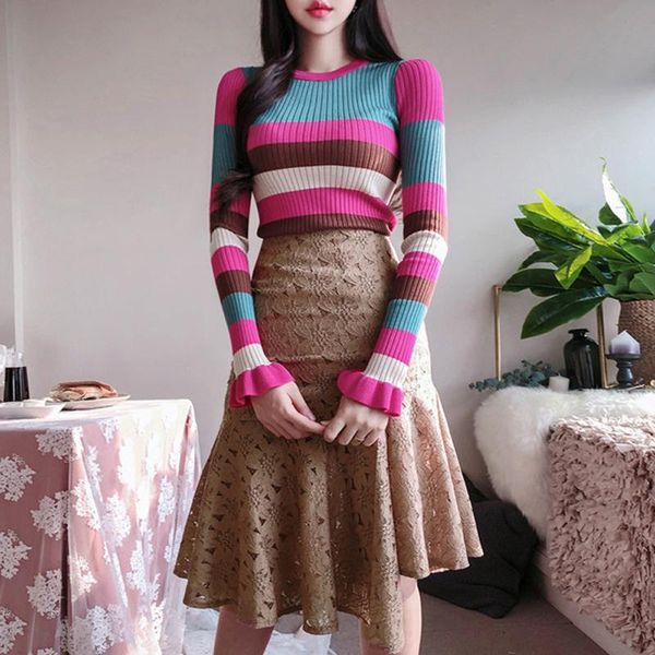 two piece dress 2 set women's rainbow stripe sweater and lace hollow out fishtail skirts 2021 autumn winter suits, White
two piece dress 2 set women's rainbow stripe sweater and lace hollow out fishtail skirts 2021 autumn winter suits, White