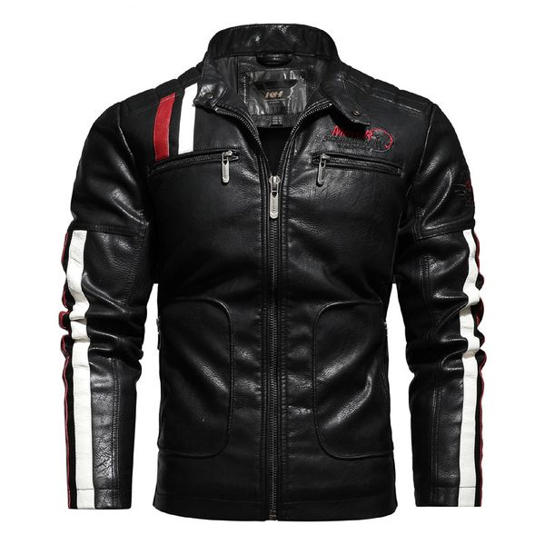red and white strip stitching motorcycle wind men's leather jacket, high-quality stand-up collar, retro comfort, windproof, fashionable, Black
red and white strip stitching motorcycle wind men's leather jacket, high-quality stand-up collar, retro comfort, windproof, fashionable, Black