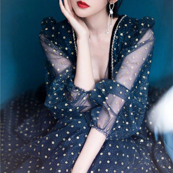 deep v neck polka dot long dress women party robe puff sleeve elegant print runway dresses mesh vestidos q014 casual, Black;gray
deep v neck polka dot long dress women party robe puff sleeve elegant print runway dresses mesh vestidos q014 casual, Black;gray
