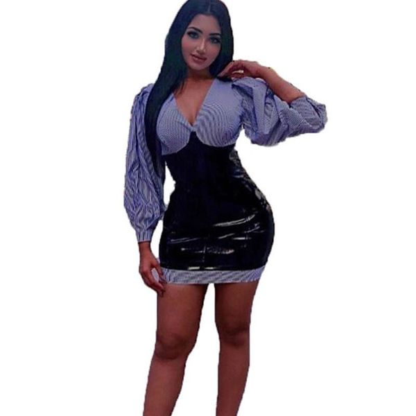 casual dresses women lantern sleeve bodycon mini dress v-neck faux leather splice striped blouse elegant night short party, Black;gray
casual dresses women lantern sleeve bodycon mini dress v-neck faux leather splice striped blouse elegant night short party, Black;gray