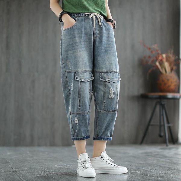 women's jeans women summer elastic waist drawstring casual denim pants 2021 female pocket hole loose vintage trousers, Blue
women's jeans women summer elastic waist drawstring casual denim pants 2021 female pocket hole loose vintage trousers, Blue